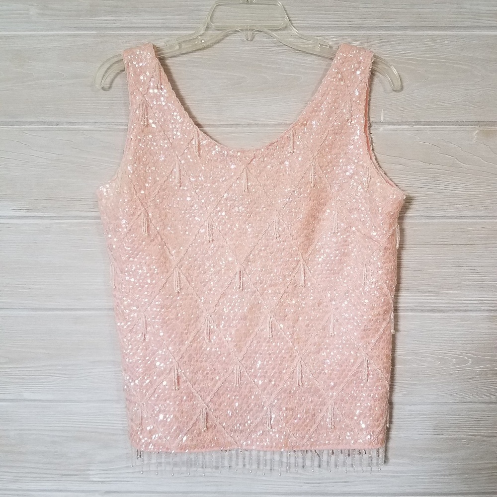 Vintage 60s Pink Beaded Tassel Shell Tank Top